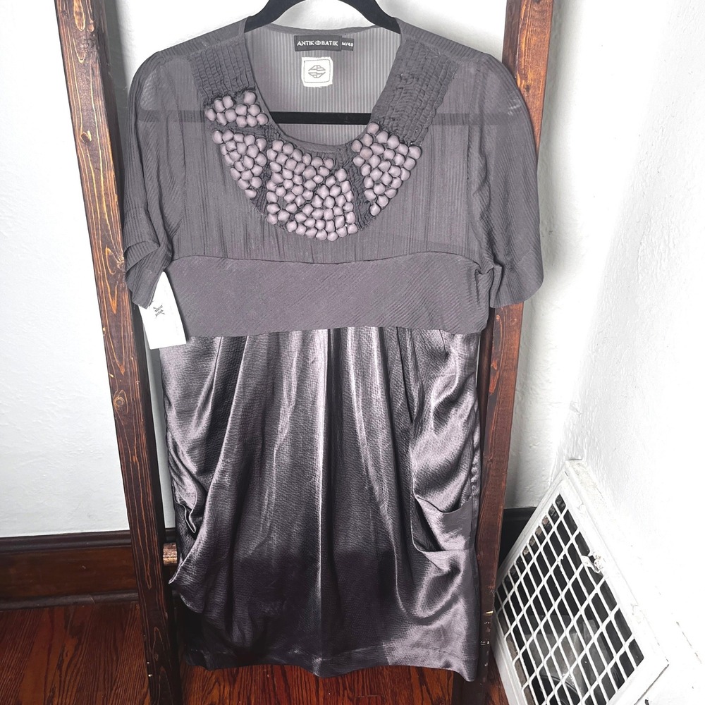 Antik Batik Gray Embellished Beaded Empire Waist Mini Dress Size M 40 Lagenlook